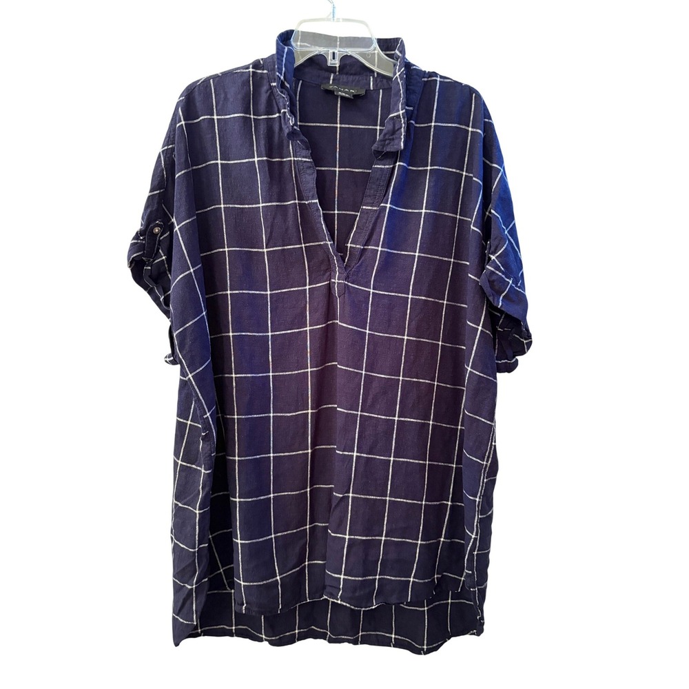 Tahari Tunic Womens 2X Blue Windowpane Plaid Linen Blend Popover Blouse Coastal